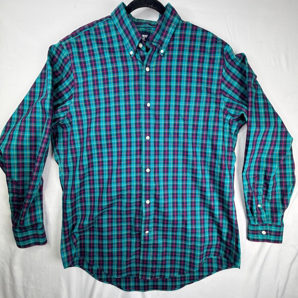 Lands' End Button Down Shirt Size L Teal Plaid Traditional Fit Long Sleeve